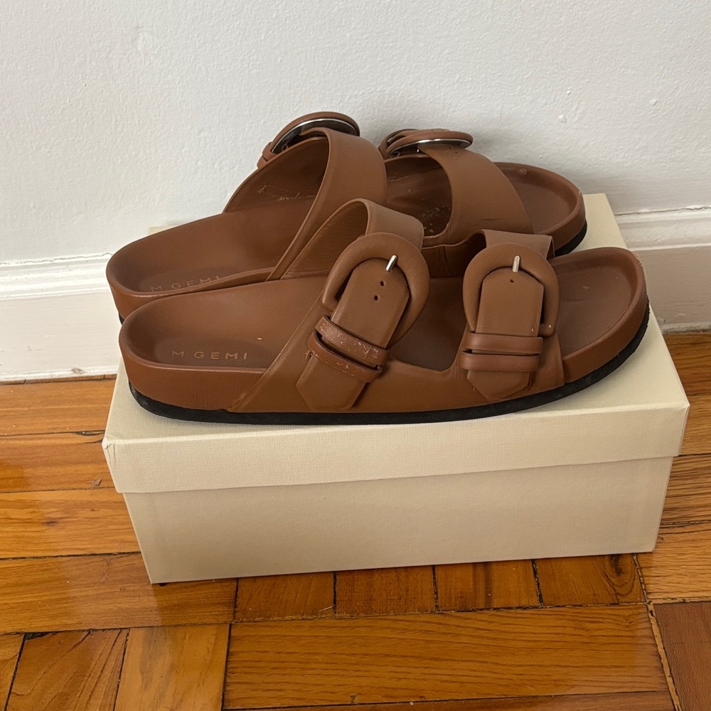 M. Gemi Brown Double-Buckle Leather Slide Sandals - Picture 2 of 4